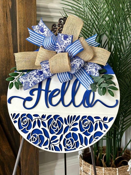 Blue Hello Front Door Sign | Floral Layered Wood Door Hanger | Handmade Porch Decor