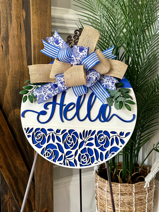 Blue Hello Front Door Sign | Floral Layered Wood Door Hanger | Handmade Porch Decor